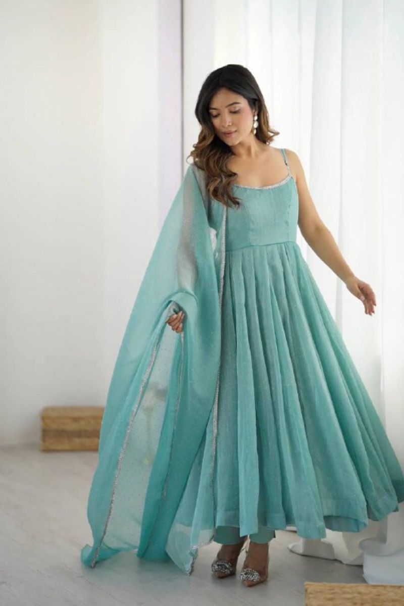Sky Blue Elegant Crunchy Silk Anarkali Gown Set with Pants & Dupatta