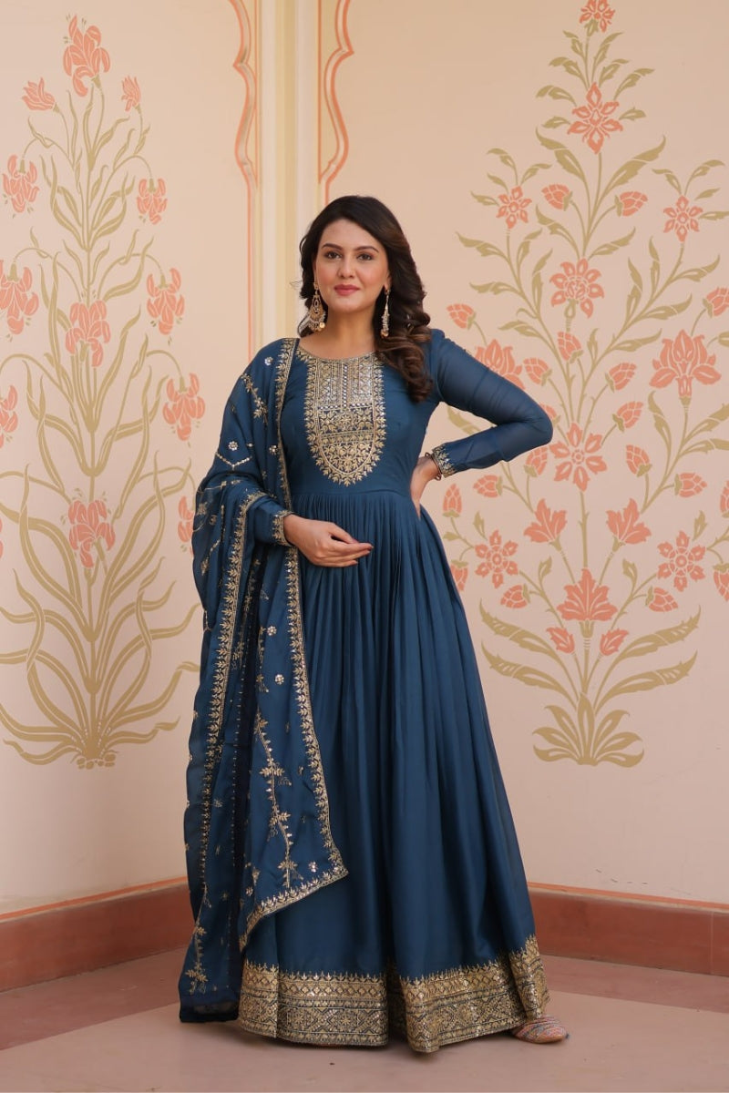 Star Georgette Gown with Dupatta Zari & Sequins Work