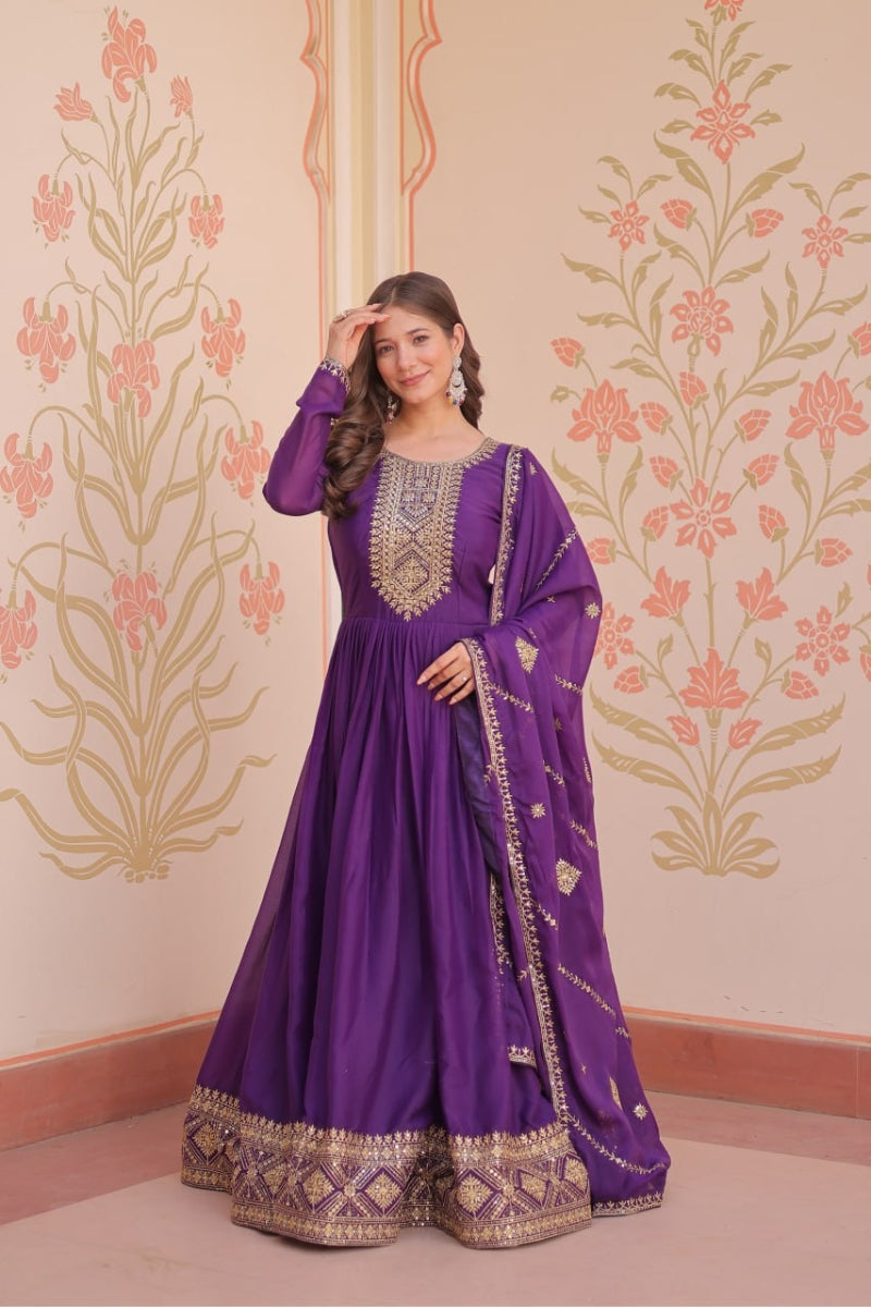 Star Georgette Gown with Dupatta Zari & Sequins Work