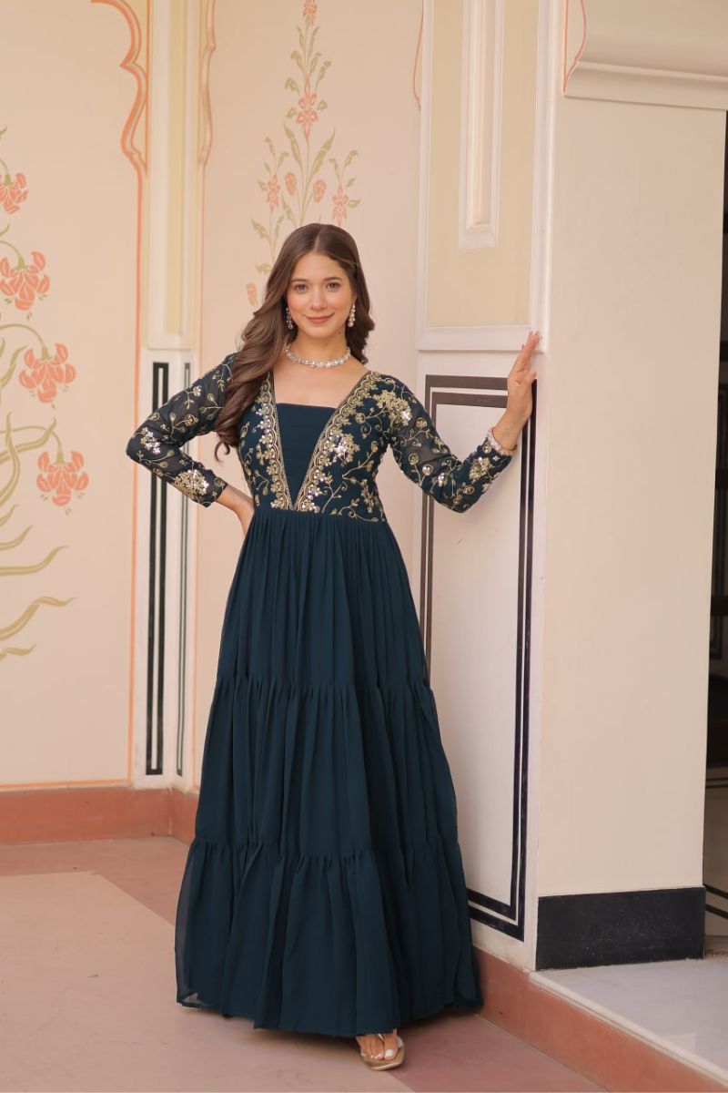 Red Elegant Faux Blooming Gown with Sequin & Zari Embroidery