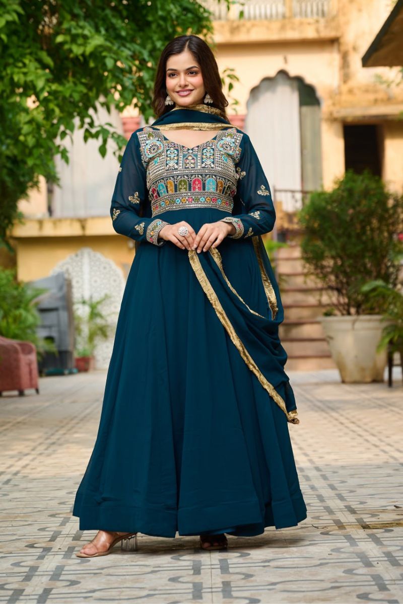 Maroon Embroidered Faux Blooming Gown with  Lace Dupatta