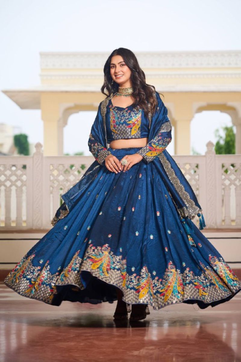 Wine Vichitra Lehenga Choli Dupatta Set with Thread Embroidery