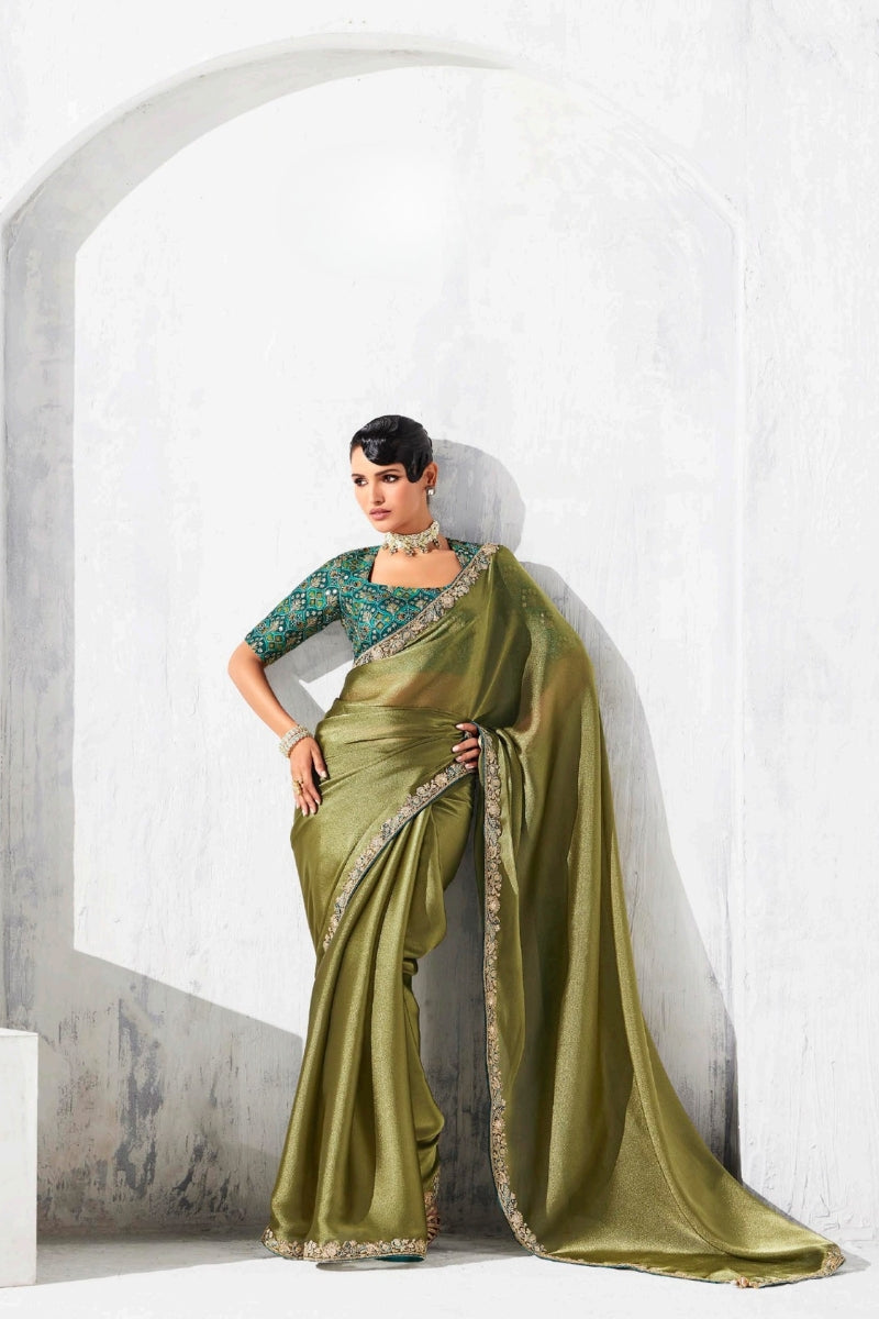 Pure Fancy Tissue Saree with Designer Contrast Handwork Blouse