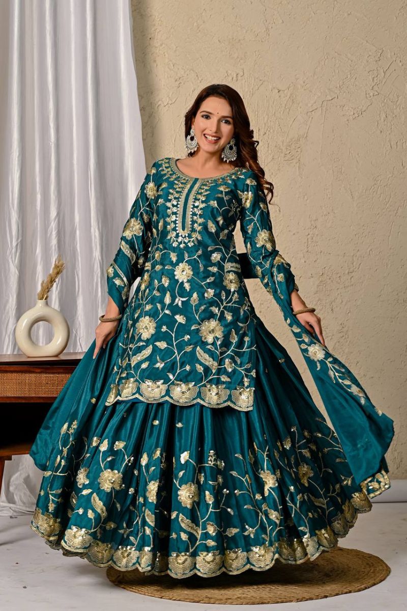 Turquoise Blue Chinnon Silk Lehenga Kurti Dupatta Set Embroidered