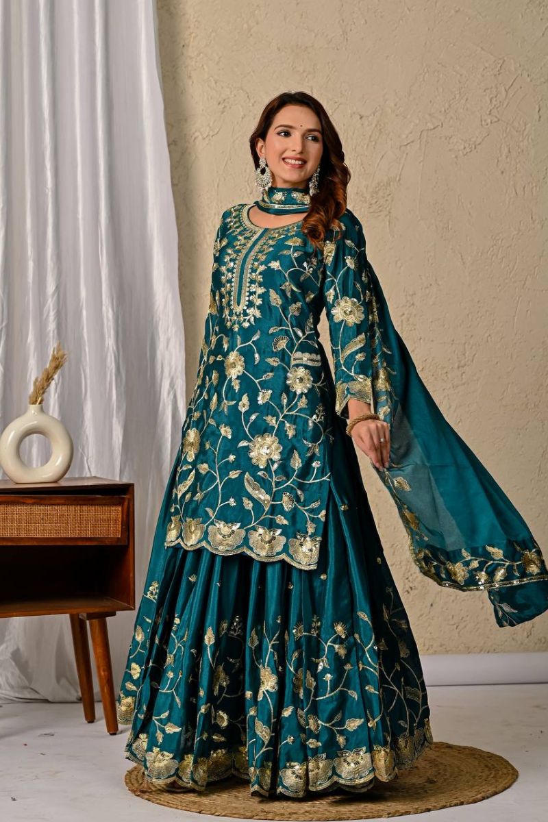 Turquoise Blue Chinnon Silk Lehenga Kurti Dupatta Set Embroidered