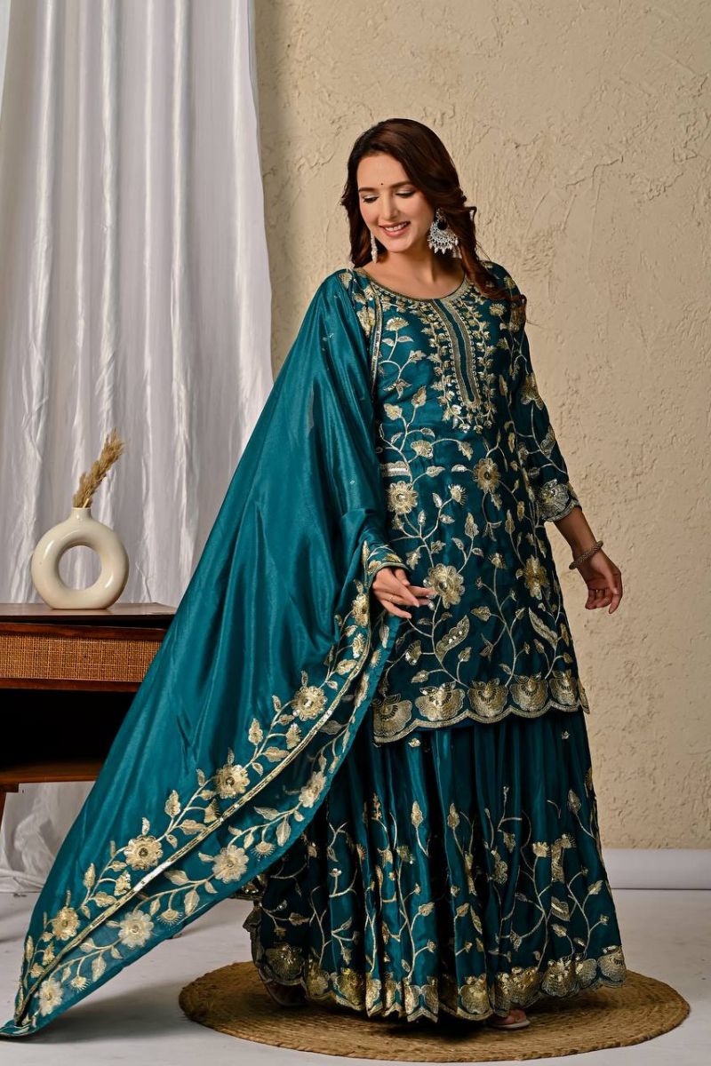 Turquoise Blue Chinnon Silk Lehenga Kurti Dupatta Set Embroidered