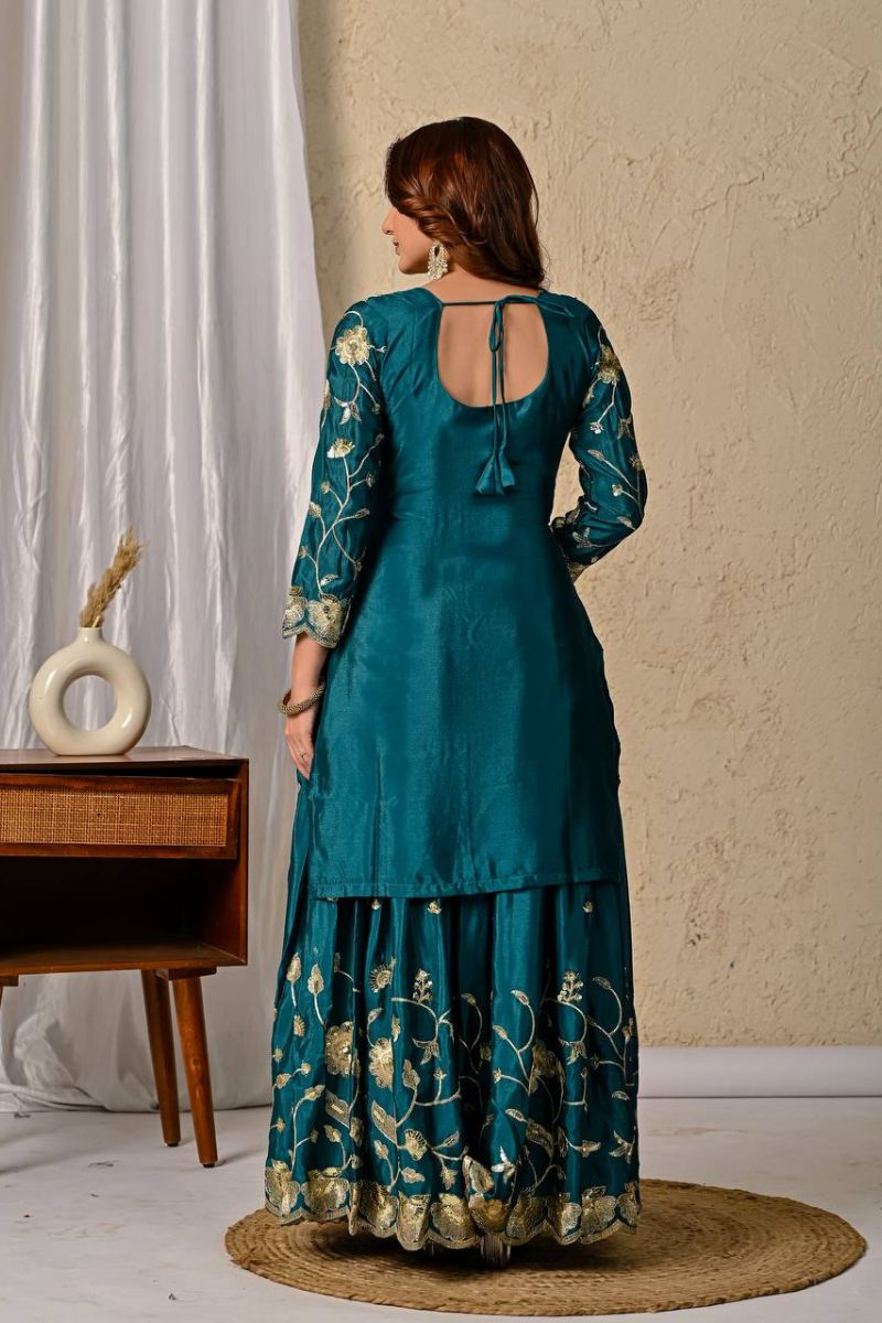 Turquoise Blue Chinnon Silk Lehenga Kurti Dupatta Set Embroidered