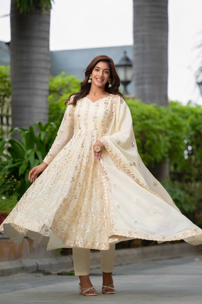 Pure Chinon Silk Anarkali Set with Dupatta Heavy Sequin Embroidery Work