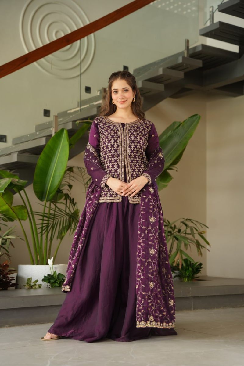 Mustard Fendy Fabric Kurti Sharara Dupatta Set with  Zari Embroidery