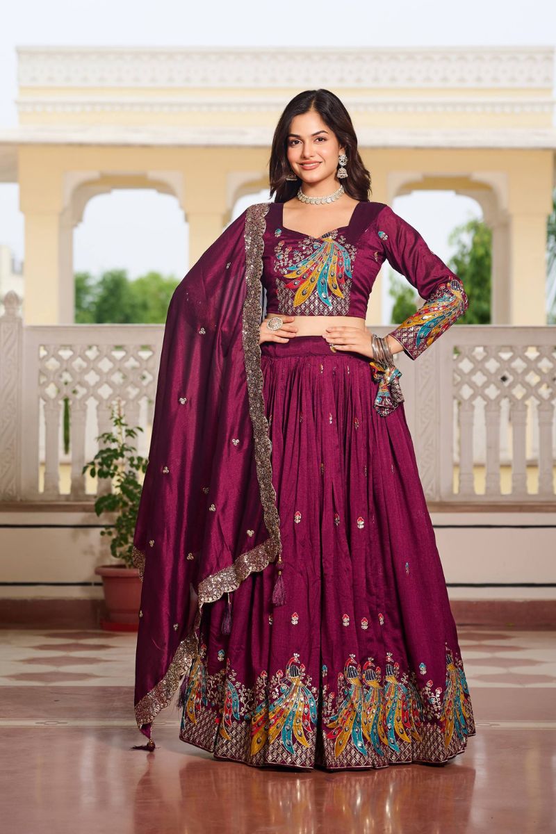 Wine Vichitra Lehenga Choli Dupatta Set with Thread Embroidery