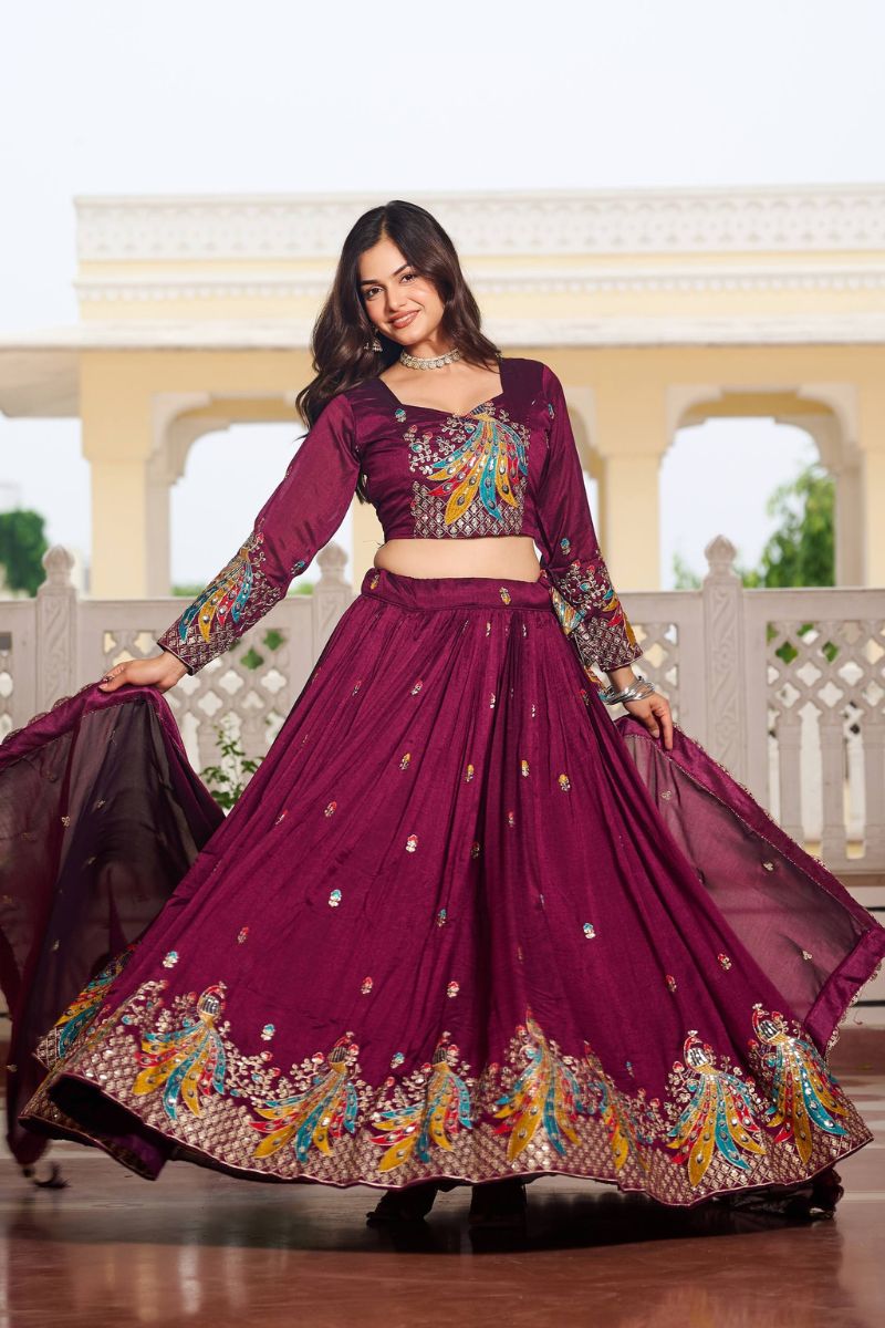 Wine Vichitra Lehenga Choli Dupatta Set with Thread Embroidery
