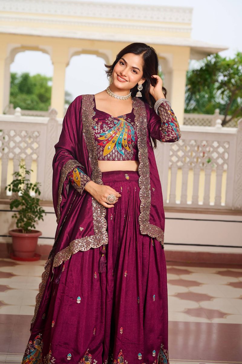 Wine Vichitra Lehenga Choli Dupatta Set with Thread Embroidery