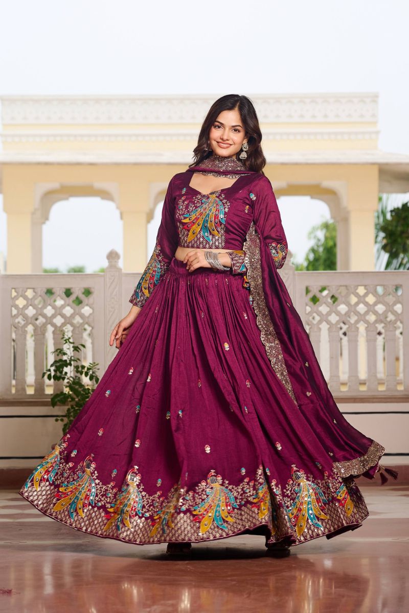 Wine Vichitra Lehenga Choli Dupatta Set with Thread Embroidery