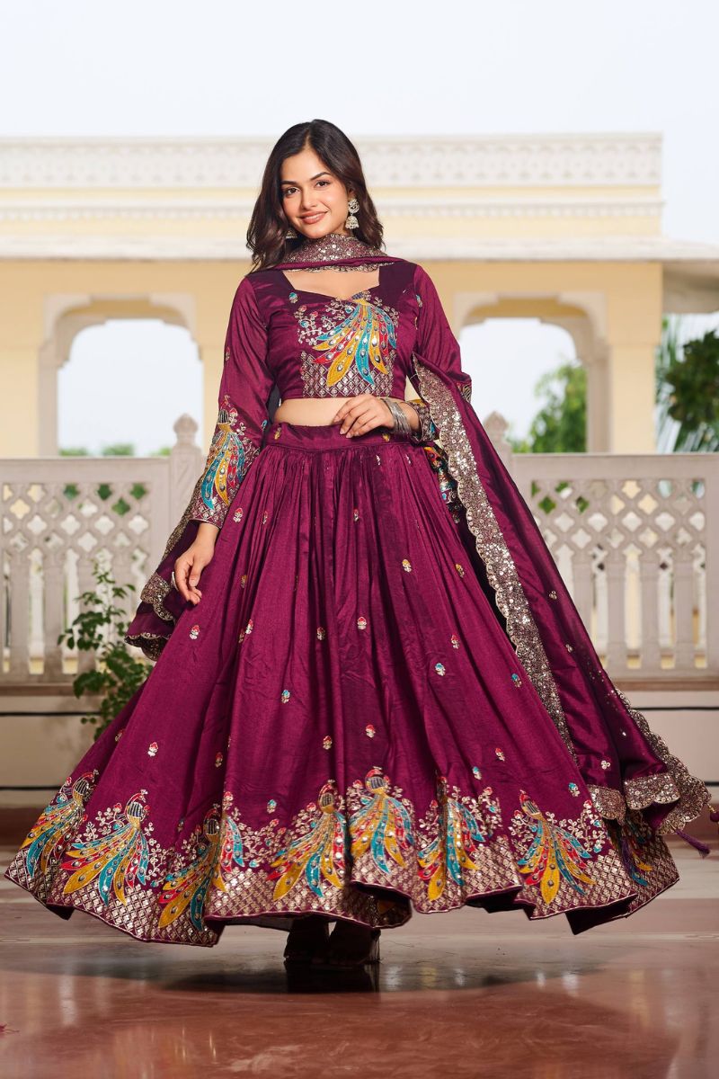 Wine Vichitra Lehenga Choli Dupatta Set with Thread Embroidery