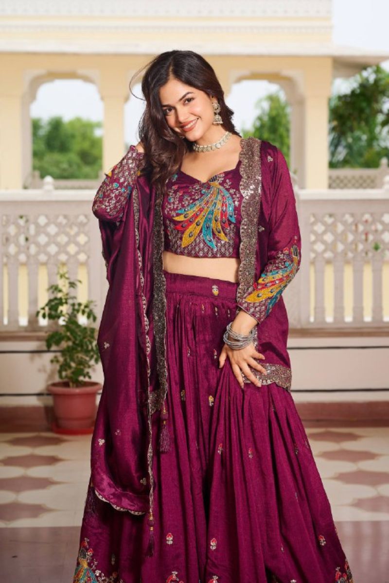 Wine Vichitra Lehenga Choli Dupatta Set with Thread Embroidery
