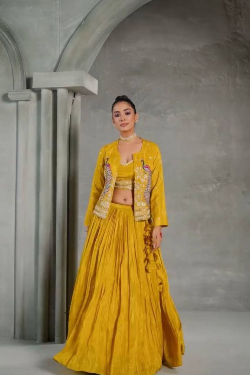 Yellow Chinon Lehenga with Crop Top & Embroidered Jacket