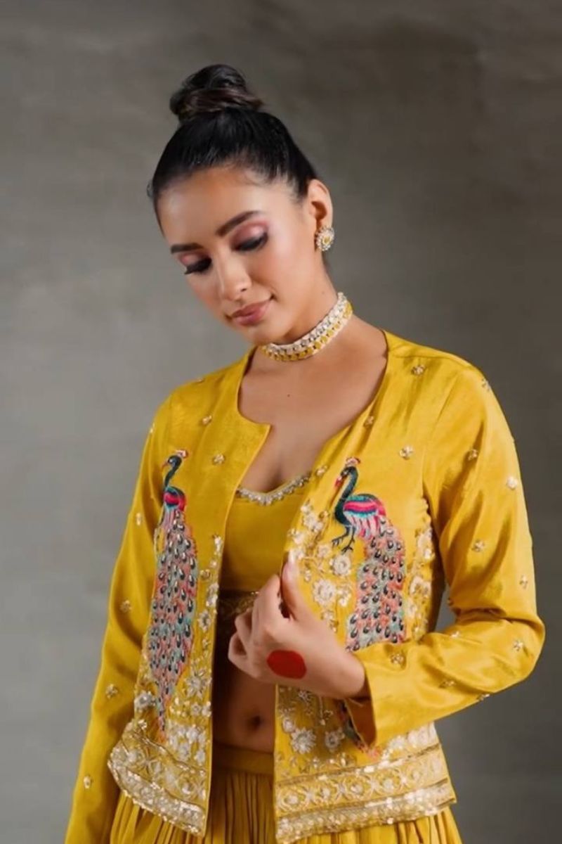 Yellow Chinon Lehenga with Crop Top & Embroidered Jacket