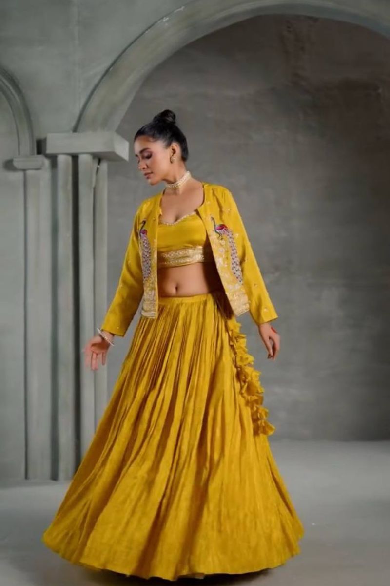 Yellow Chinon Lehenga with Crop Top & Embroidered Jacket