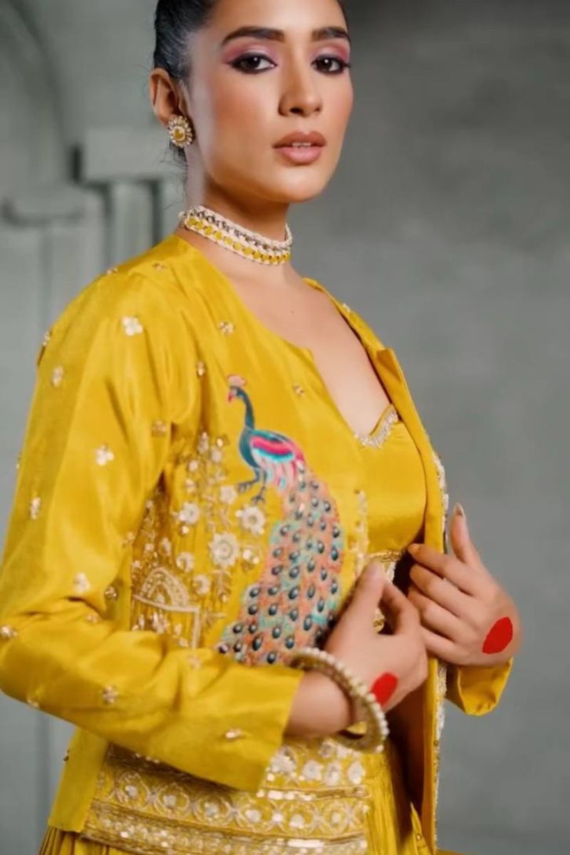 Yellow Chinon Lehenga with Crop Top & Embroidered Jacket