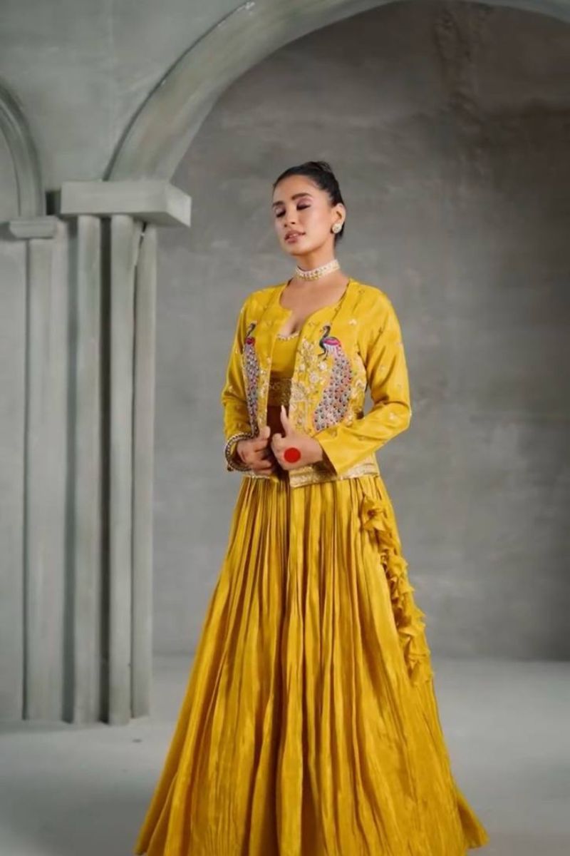 Yellow Chinon Lehenga with Crop Top & Embroidered Jacket